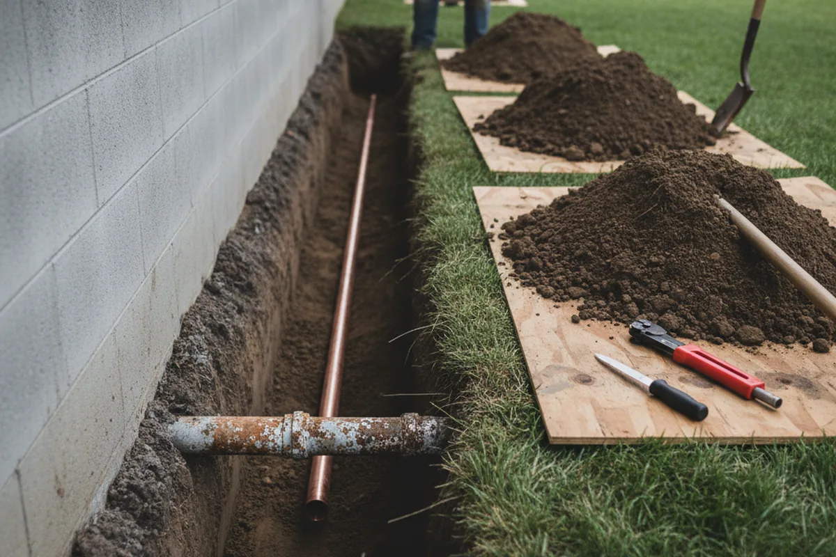 Excavated water line trench during Water Heater Repair in Lyndeborough